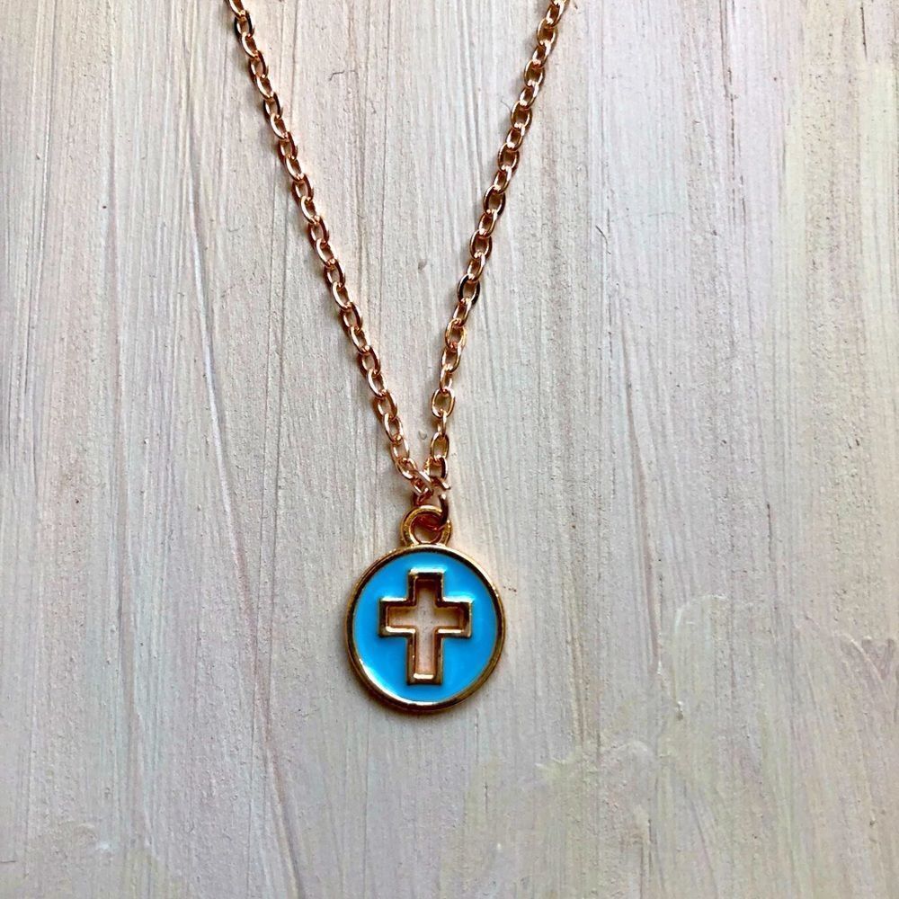 Necklace | Handmade Gold Chain Necklace with Light Blue Enamel Cross Charm